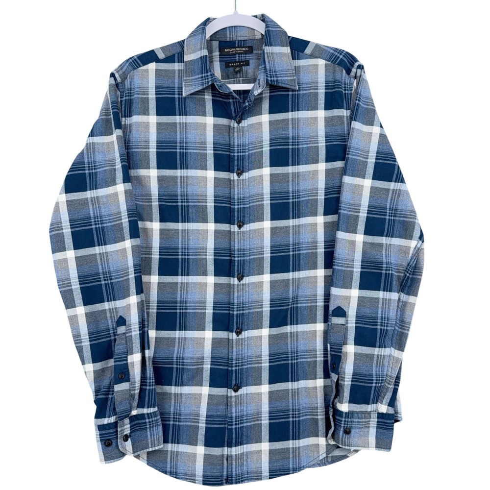 Banana Republic Luxe Flannel Grant Fit Mens M 100% Cotton Blue Plaid Shirt